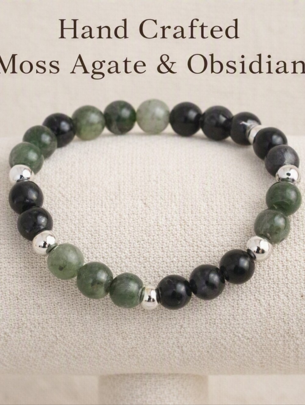 Handcrafted Moss Agate & Obsidian Bracelet | Natural Gemstone Boho Chic 701